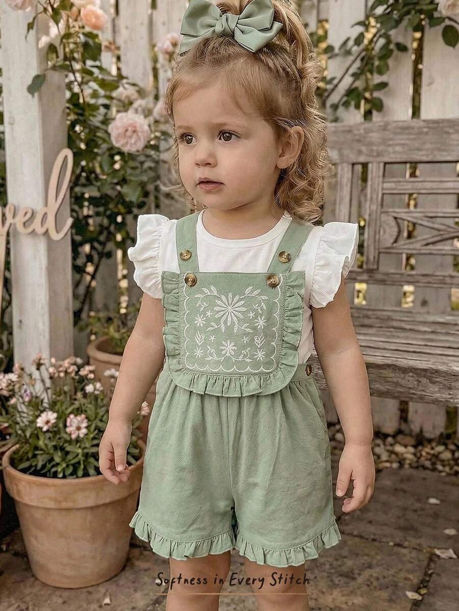 Cozy Pixies Baju Terusan Bayi Perempuan Motif Bunga Bordir dengan Tali Bahu, Serbaguna & Nyaman - Hijau - View 1
