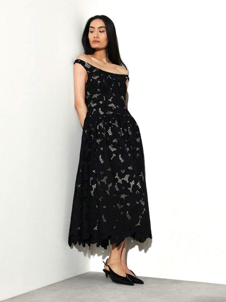 KSTM 오프숄더 블랙 레이스 미디 드레스, 스캘럽 헴라인, 우아한 파티 이브닝 포멀 웨딩 게스트 행사복