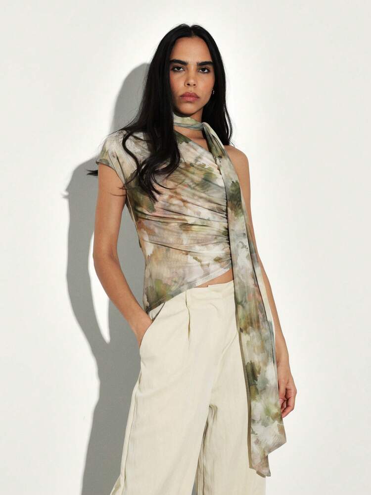 KSTM Asymmetric Draped Top With Tie Dye Print And Neck Scarf Detail For Casual Chic Style