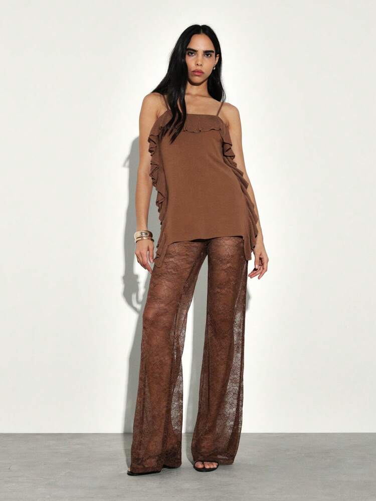 KSTM Women's Wide Leg Lace Pants With Ruffle Details And Semi-Sheer Fabric For Evening Party Occasions