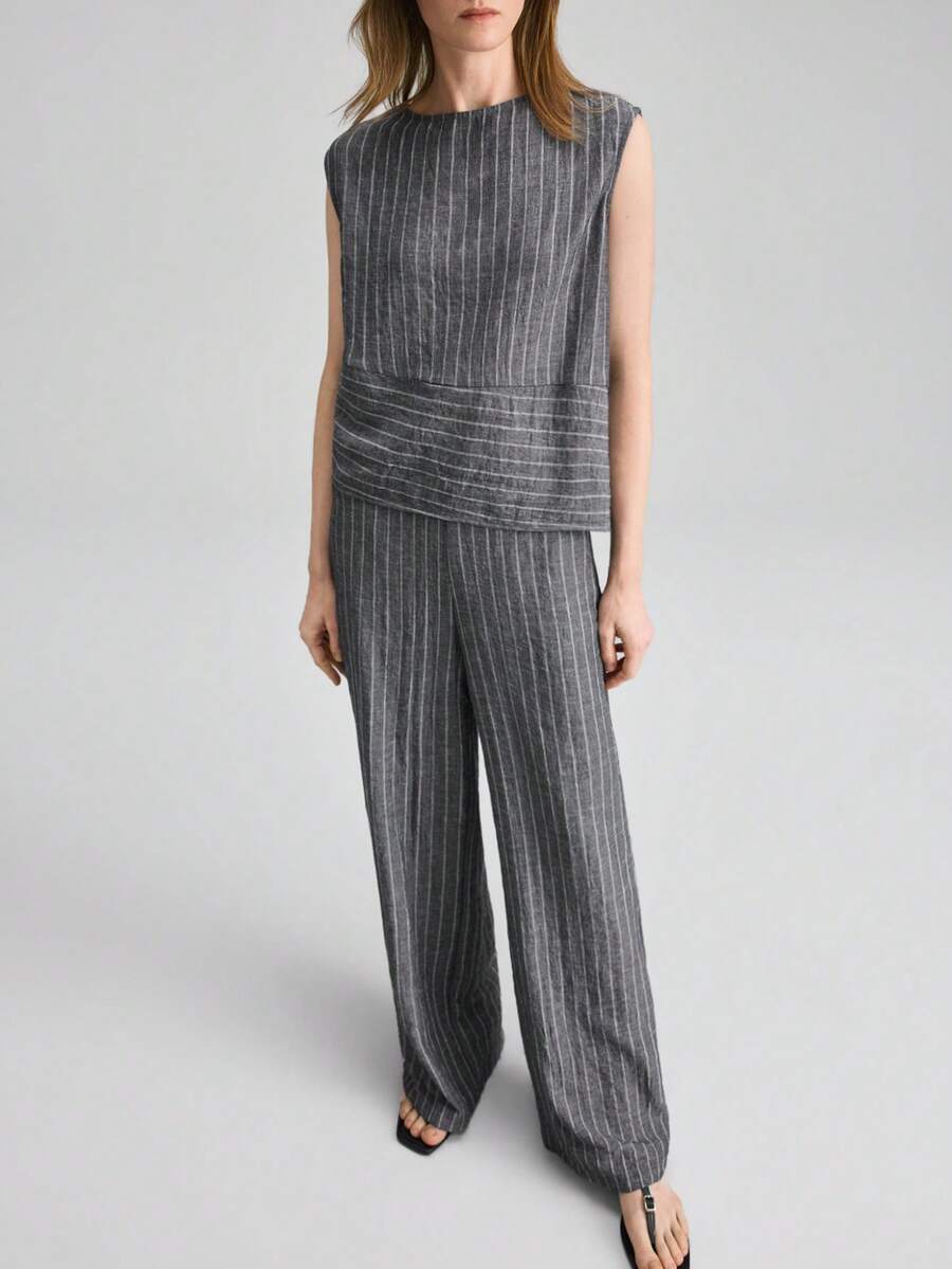 Ontre 女士藏蓝色白条纹衬衫长裤两件套，舒适柔软梭织面料，宽松版型，时尚都市风，商务休闲办公装，优雅婚礼宾客礼服，四季皆宜的百搭奢华品质套装 - 藏蓝色 - 查看 1