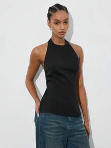 Maija 女士纯色露背吊带性感百搭上衣，适合约会、派对、夏季、夏季假期、春季、海滩、外出等场合，优雅亮片闪亮黑色露背设计。 - 黑色 - 查看 5