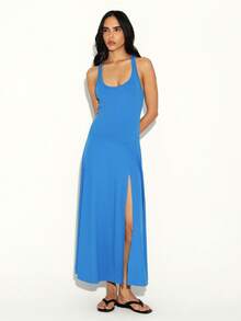 KSTM Vestido largo sin mangas con espalda de tirantes, estilo de vestido largo de tirantes con abertura lateral para verano, vacaciones en la playa, fluido, de largo midi, informal - azul real - Ver 7