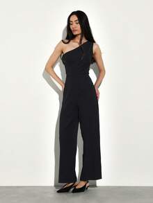 KSTM Sleek One Shoulder Black Jumpsuit With Wide Leg Design And Elegant Evening Silhouette For Sophisticated Style - Black - View 3