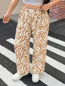 SHEIN EZwear 大码斑马纹休闲宽松裤，春夏款 - 卡其色 - 查看 4