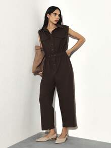 KSTM Sleeveless Utility Jumpsuit With Chest Pockets And Belted Waist For Casual Everyday Wear - Brown - View 1