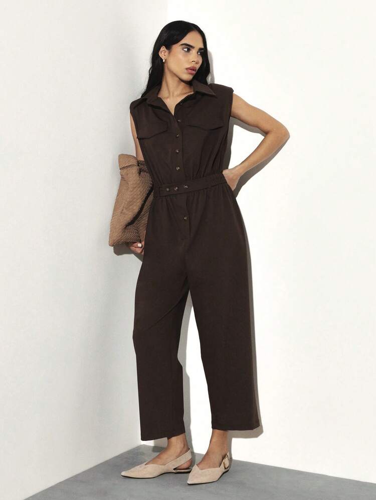 KSTM Sleeveless Utility Jumpsuit With Chest Pockets And Belted Waist For Casual Everyday Wear