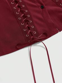 ROMWE Kawaii Versatile Commuter Solid Color Regular Shoulder Button Tie Bow Eyelet Fitted Shirt Dress For Women - Burgundy - View 7