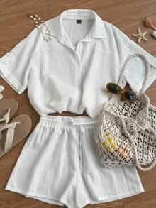 SHEIN EZwear 女士白色梭织短袖衬衫和短裤休闲套装 - 白色 - 查看 6