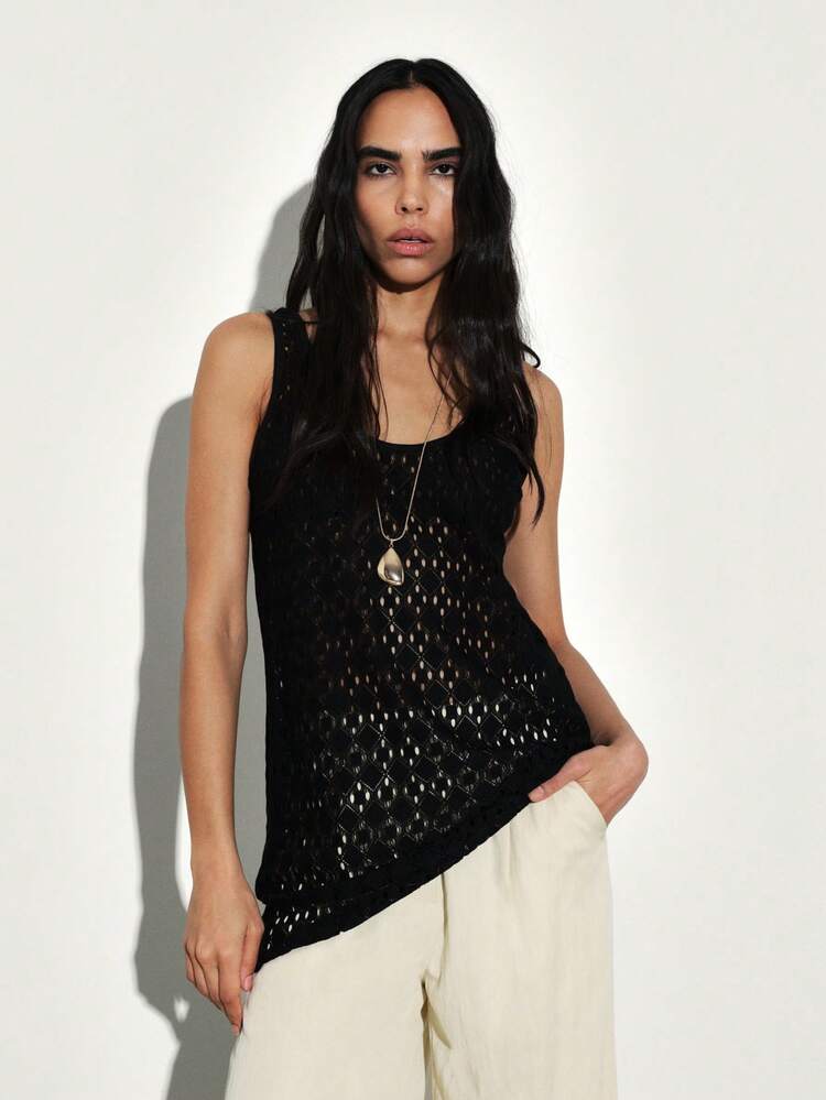 KSTM Women's Black Knit Lace Tank Top Sleeveless Summer Blouse Casual Layering Top Scoop Neck Camisole