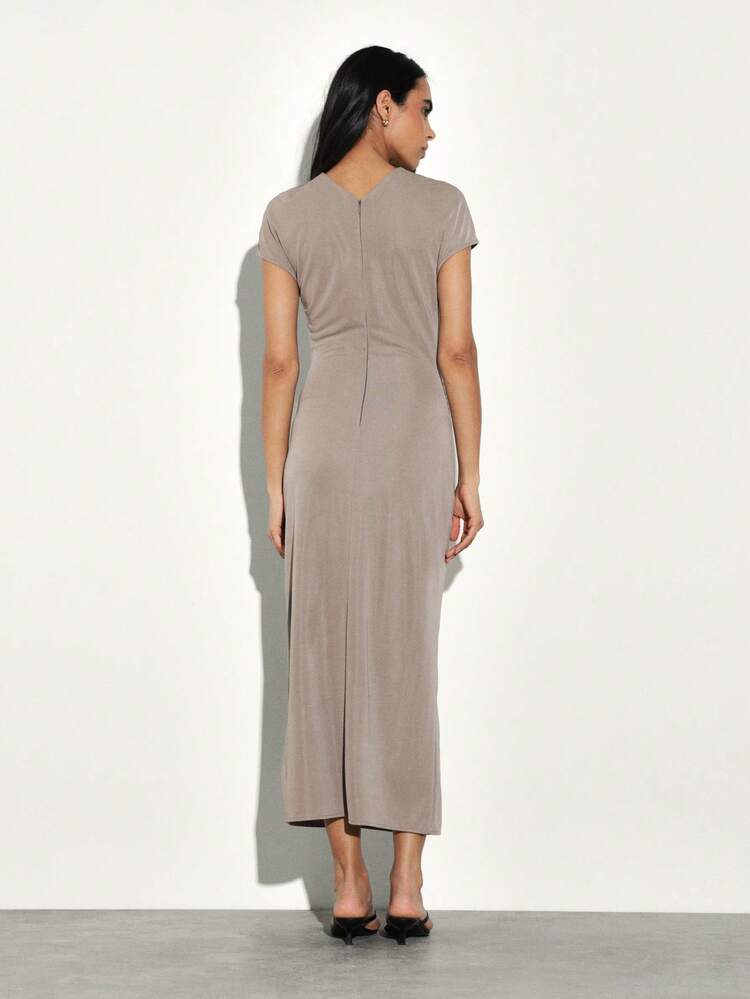 KSTM Women's Ruched Short Sleeve Midi Dress With Asymmetric Draped Waist And Back Slit For Casual Elegant Occasions