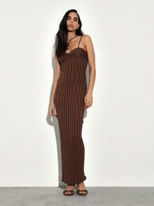 KSTM Ribbed Knit Brown Sleeveless Bodycon Sweater Dress Spaghetti Strap Long Maxi Evening Formal - Coffee Brown - View 5