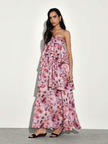 KSTM Strapless Bandeau Tiered Ruffle Floral Print Maxi Dress With Layered Feminine Silhouette For Spring Summer Occasions - Multicolor - View 5