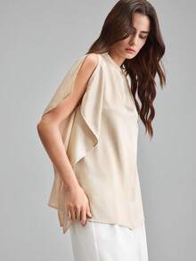 Ontre 2026春夏女士杏色衬衫，舒适柔软的梭织面料，短袖，金属纽扣，宽松版型，现代都市时尚商务休闲办公装，高品质机场/邮轮着装，优雅婚礼宾客礼服，简约奢华感，四季皆宜 - 杏色 - 查看 7