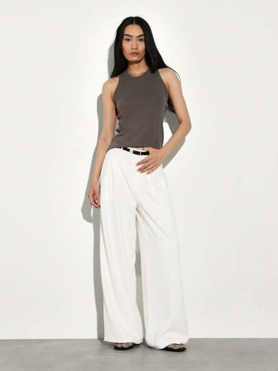 KSTM 女士高腰阔腿褶裥阔腿裤，带腰带环，夏季休闲裤，办公室商务正装