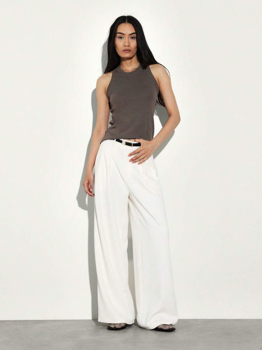 KSTM Quần Palazzo ống rộng xếp ly cạp cao dành cho nữ, có đai, thích hợp mặc mùa hè, đi làm hoặc dự tiệc. - trắng - Xem 1