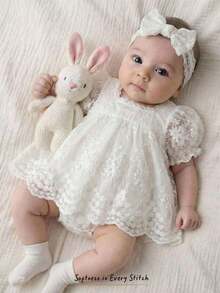 Cozy Pixies 女婴纯色休闲百搭圆领花瓣袖收腰连衣裙 - 白色 - 查看 11