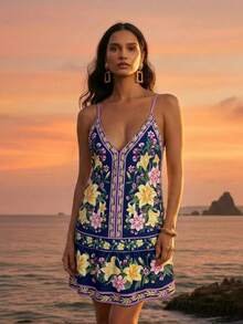 CAJUNI Đầm ngắn họa tiết hoa lãng mạn, bộ sưu tập kỳ nghỉ nhiệt đới. - Xanh đậm - Xem 5