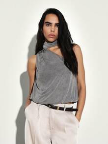 KSTM Draped Cowl Neck Top With Sleeveless Cut In Woven - Grey - View 1