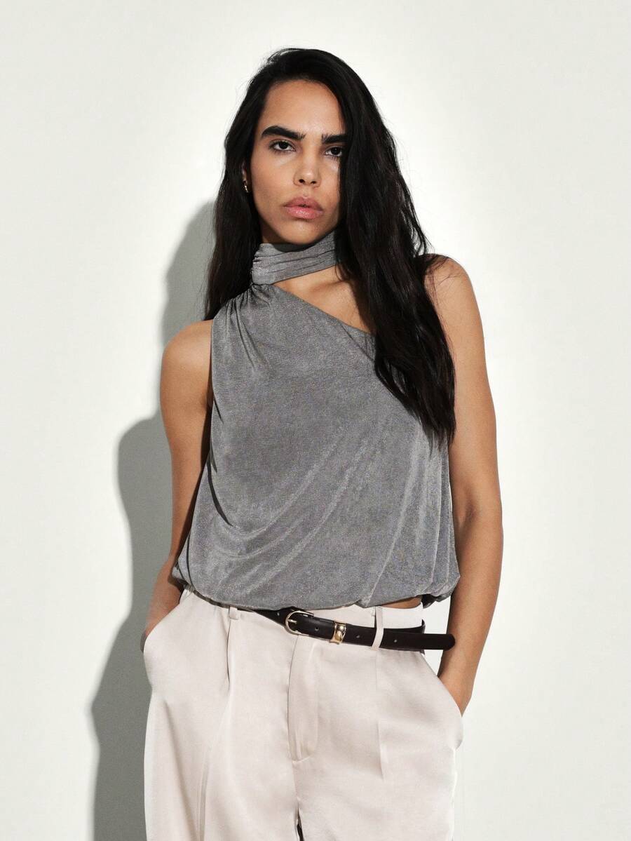 KSTM Draped Cowl Neck Top With Sleeveless Cut In Woven - Grey - View 1