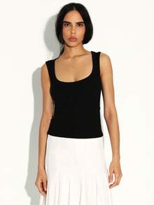 KSTM 女士深U领无袖修身基本款休闲夏季黑色圆领背心 - 黑色 - 查看 4