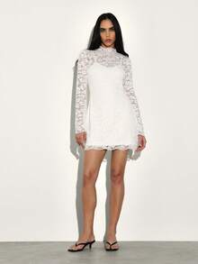 KSTM Women's White Lace Long Sleeve Mini Dress High Neck Bodycon Party Evening Formal Dress With Ruching Detail - White - View 1