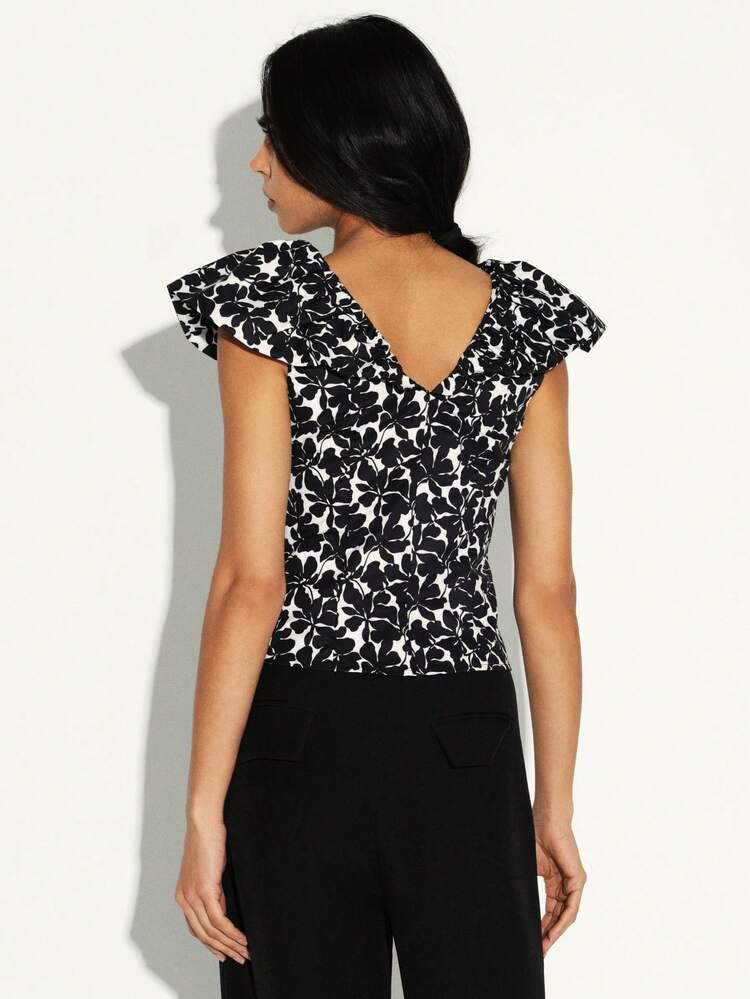 KSTM Women's Black Floral Print Blouse With Ruffled Cap Sleeves And V-Neck For Spring Summer Office Casual Wear
