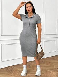 SHEIN EZwear 大码休闲纯色前扣短袖连衣裙 - 深灰色 - 查看 4