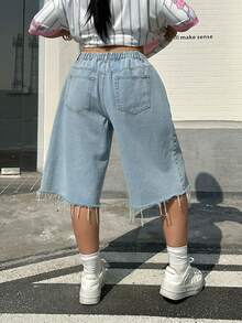 SHEIN Muchic 大码纯色毛边直筒宽松口袋休闲夏季牛仔裤 - 藍色 - 查看 2