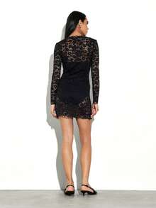 KSTM Vestido negro de encaje mini de manga larga con cuello en V, ajustado, para fiesta, noche, ocasión formal con guipur floral - Negro - Ver 2