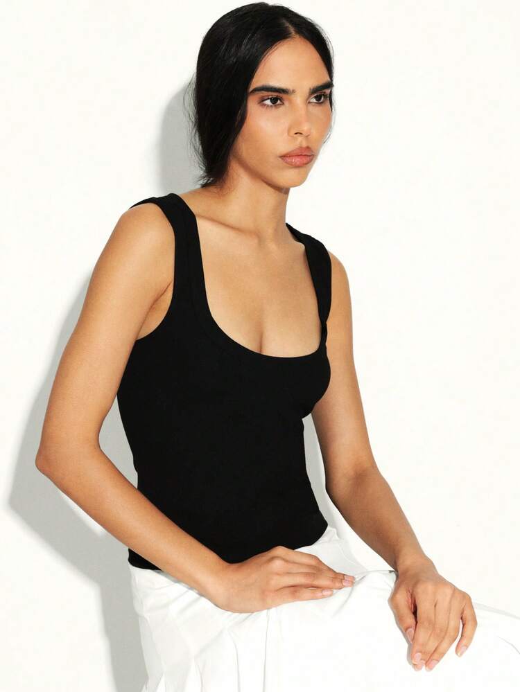 KSTM Women Deep U Neck Tank Top Sleeveless Fitted Basic Casual Summer Black Scoop Neckline