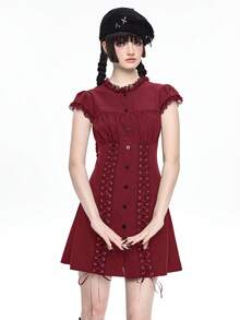 ROMWE Kawaii Versatile Commuter Solid Color Regular Shoulder Button Tie Bow Eyelet Fitted Shirt Dress For Women - Burgundy - View 4