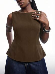 LYSMO Plus Size Minimalist Elegant Black Sleeveless Top & Camisole For Summer - Coffee Brown - View 1