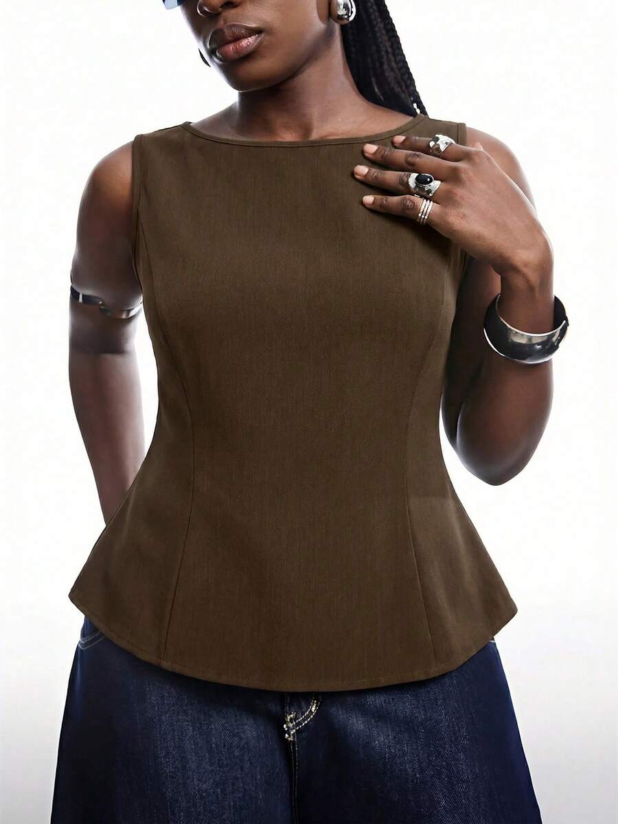 LYSMO Plus Size Minimalist Elegant Black Sleeveless Top & Camisole For Summer - Coffee Brown - View 1