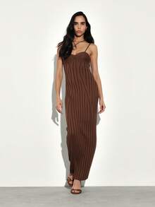 KSTM Ribbed Knit Brown Sleeveless Bodycon Sweater Dress Spaghetti Strap Long Maxi Evening Formal - Coffee Brown - View 6