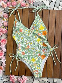 Swim Vcay Women Criss-Cross Bowknot Spaghetti Strap Deep V-Neck One-Piece Swimsuit,Green Floral White Floral,Summer,Boho,Holiday,Vacation,Holiday Retro Fit - Multicolor - View 8