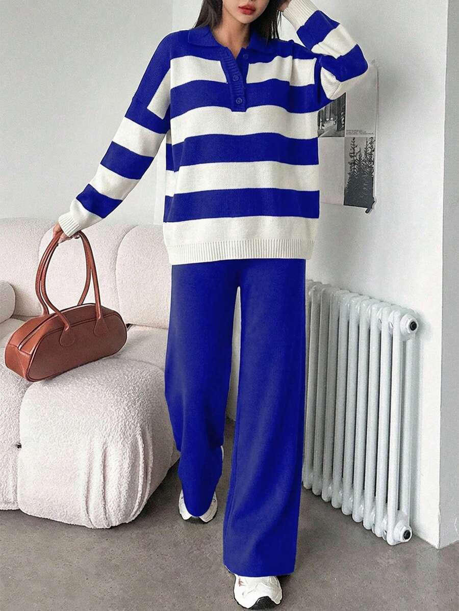 SHEIN Cottnline Ladies' Polo Collar Contrast Color Knit Sweater Two-piece Set - Blue - View 1