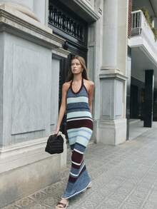 Nöista Sleeveless Knit Maxi Dress Features Horizontal Stripes. Cover Up, Summer, Spring, Easter, Woman, Women Outfit. - Multicolor - View 4