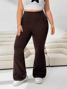 SHEIN EZwear 大码女装秋冬返校休闲家居服瑜伽舒适户外纯黑色针织弹力腰高腰口袋喇叭裤，带口袋打底裤 - 咖啡棕 - 查看 3