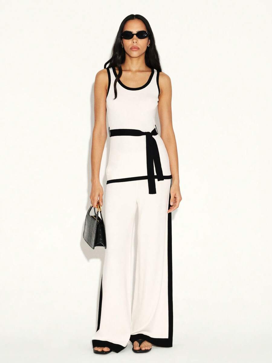 KSTM Women's Knit Co-Ord Set With Contrast Black Trim Tank Top And Wide Leg Pants Two Piece Outfit - Multicolor - View 1