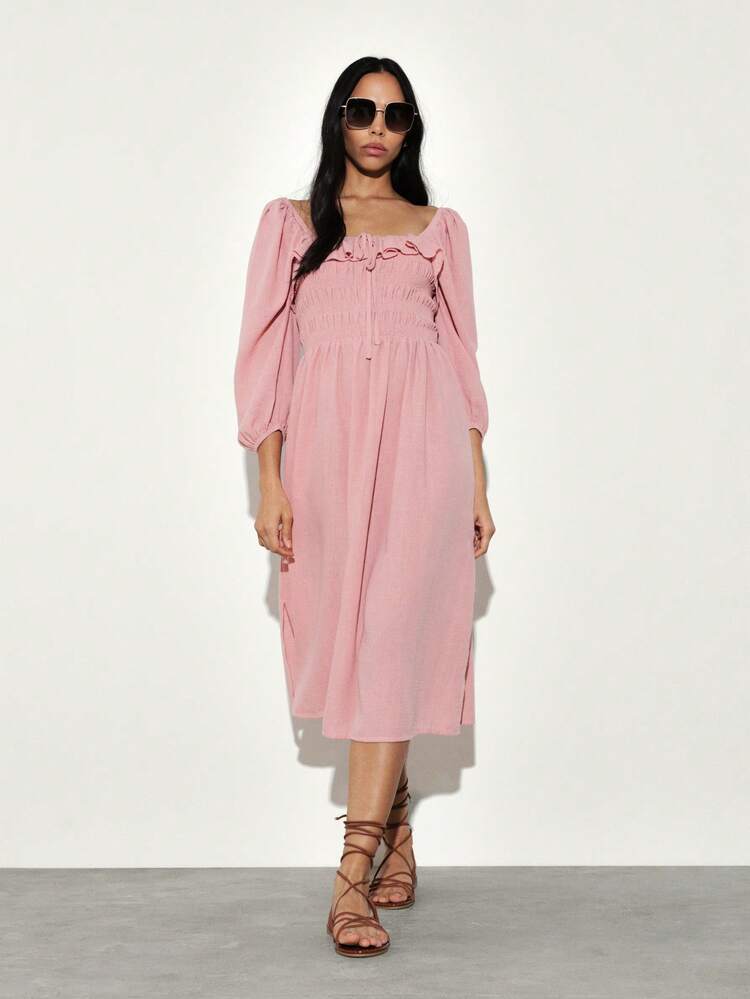 KSTM Smocked Square Neck Midi Dress With Puff Sleeves And Ruffle Details For Spring Summer Casual Feminine Style