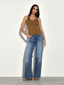 Rhinestone Embellished Ribbed Tank Top Sleeveless Scoop Neck Fitted Camisole Fashion Basic Tee - Olive Green - View 3