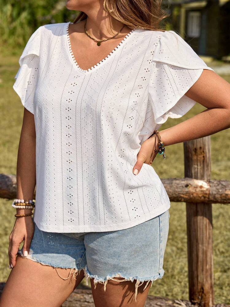 Plus Size Women's White Eyelet V Neck Ruffled Butterfly Sleeve Summer Top Breathable Casual Shirt Summer Outfit For Plus Size Women Festival Outfits For Plus Size Women Beach Outfits For Plus Size Women Vacation Outfits Plus Size Women Country Concert Outfit Boho Outfit