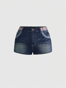 ROMWE Hippie Bohemian Style Embroidered Rhinestone Plus Size Slim Fit Denim Shorts - Blue - View 2
