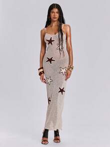ROMWE 度假风性感钩针手工海星图案女士吊带连衣裙 - 米色 - 查看 5