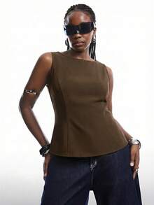 LYSMO Plus Size Minimalist Elegant Black Sleeveless Top & Camisole For Summer - Coffee Brown - View 4