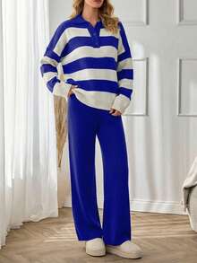 SHEIN Cottnline Ladies' Polo Collar Contrast Color Knit Sweater Two-piece Set - Blue - View 4