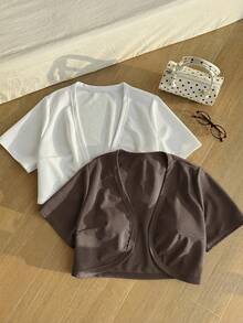 SHEIN EZwear 2pcs/Set Plus Size Women Summer Short Sleeve Open Front Jacket, Black & White Crop Top Jacket Solid Color Tops Cotton Tops Linen Crop Shirts - Brown - View 5