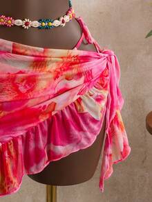 Swim Mod 3pcs/Set Girl's Printed Random Spaghetti Strap Halter Bikini Top, Side Tie Bottoms & Ruffle Trim Skirt - Multicolor - View 7