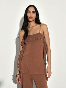 KSTM Women's Knit Co-Ord Set With Ruffle Details Sleeveless Cami Top And Wide Leg Trousers Matching Two Piece Outfit - Rust Brown - View 4